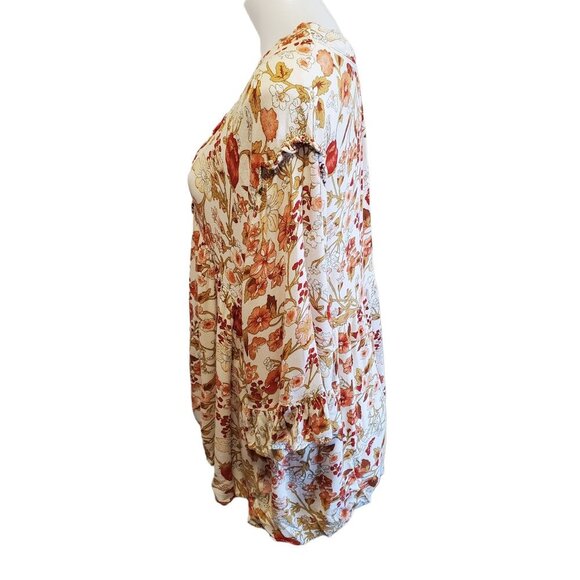 Rachel Zoe Med Floral Peasant Hippie V-Neck Blouse White Orange Ruffel Sleeve - Picture 4 of 10